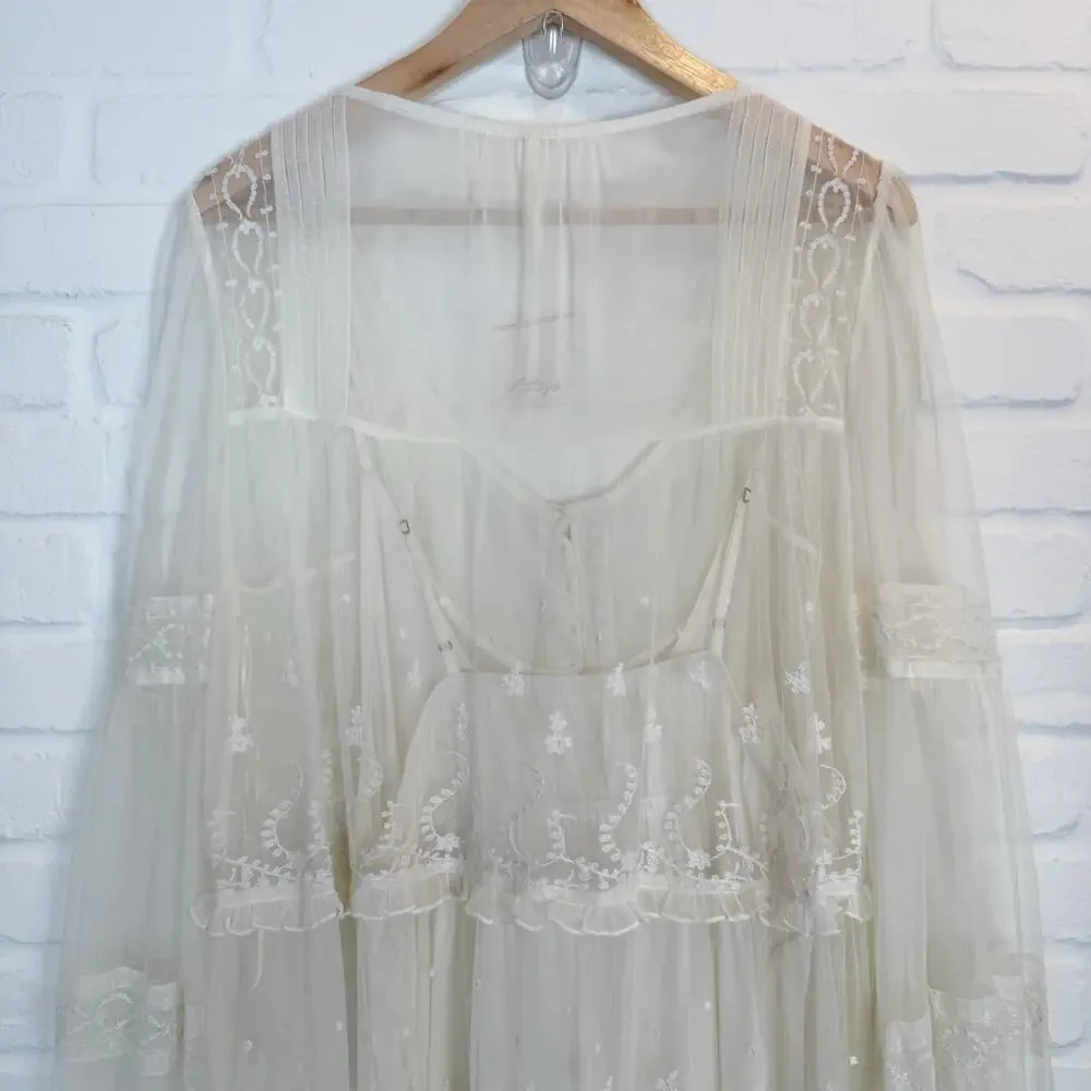 Free People Stevie Embroidered Maxi Dress Tea Flowy Ivory Sheer Floral Lined L - Picture 4 of 15
